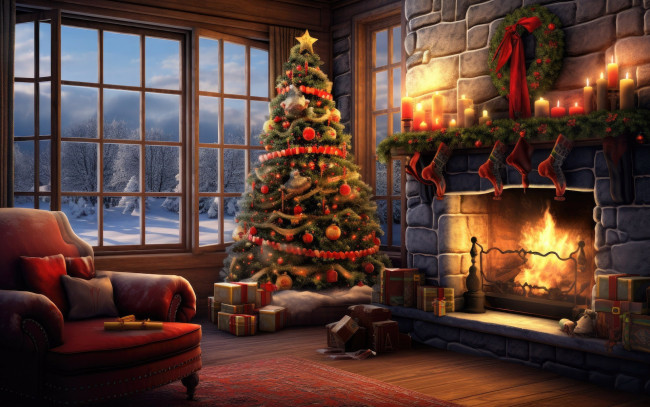 Обои картинки фото 3д графика, праздники , holidays, камин, елка, кресло, огонь, подарки