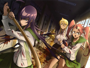Картинка аниме highschool of the dead кровь оружие девушки
