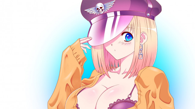 Обои картинки фото аниме, *unknown, другое, рука, глаза, девушка, шапка, череп