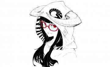 Картинка аниме -angels+&+demons капюшон монохромное рога art jaco девушка взгляд улыбка очки