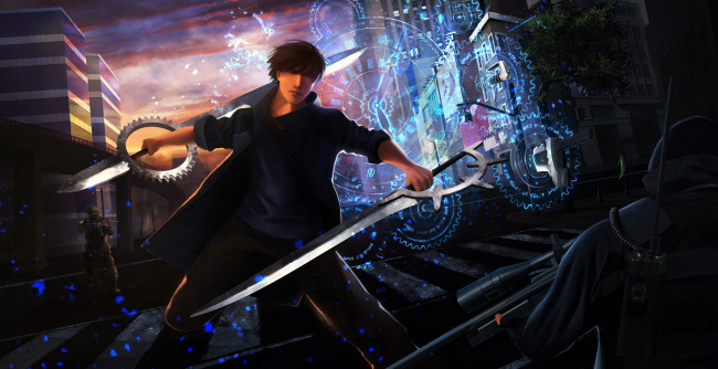 Обои картинки фото аниме, -weapon,  blood & technology, магия, оружие, мечи, солдаты, парень, арт