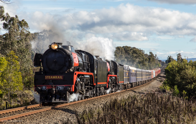 Обои картинки фото техника, паровозы, железная, дорога, рельсы, паровоз, вагоны