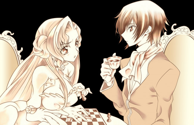 Обои картинки фото аниме, code geass, сепия, парень, чёрный, фон, девушка, код, гиасс