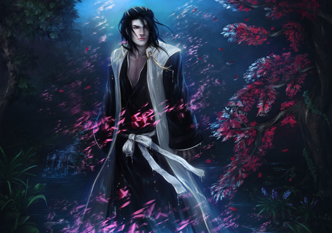 Обои картинки фото аниме, bleach, kuchiki, byakuya, арт, лепестки, парень, деревья