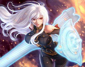 Картинка аниме оружие +техника +технологии selvaria bles арт shzyu меч девушка seeker senjou no valkyria огонь щит