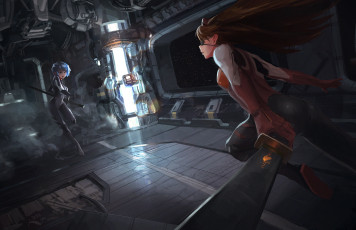 Картинка аниме evangelion soryu asuka langley ayanami rei корабль оружие neon genesis девушки арт doyora