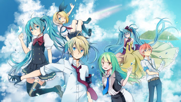 Картинка аниме vocaloid небо девушки парни арт wogura kagamine len rin hatsune miku