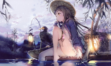 Картинка аниме unknown +другое девушка арт anmi шляпа птица фонари озеро вечер