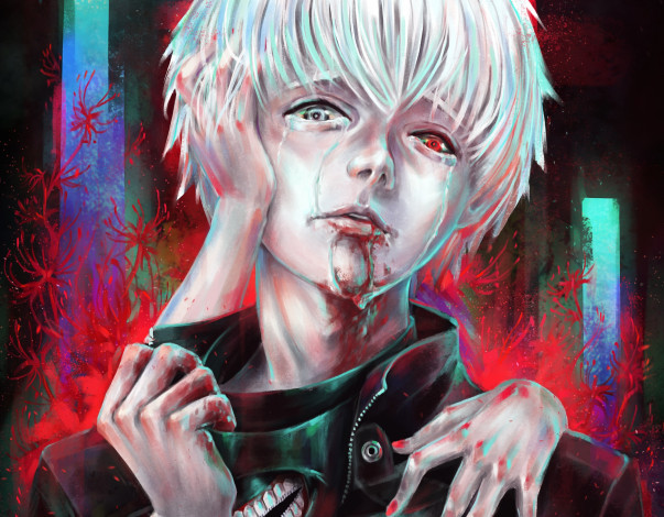 Обои картинки фото аниме, tokyo ghoul, токийский, гуль, арт, кен, канеки, взгляд, парень