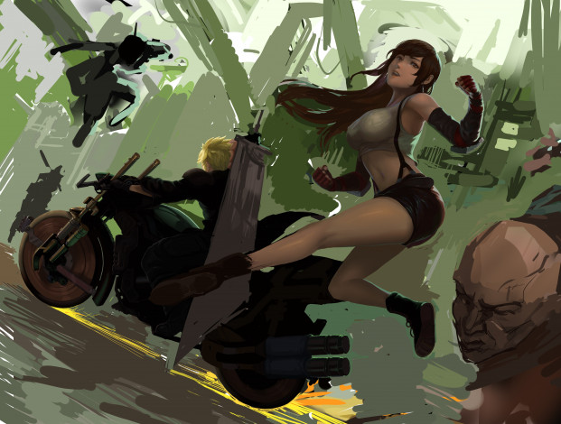 Обои картинки фото аниме, final fantasy, парень, zymv587, арт, девушка, мотоцикл, tifa, lockhart, cloud, strife, final, fantasy