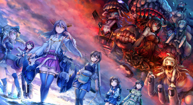 Обои картинки фото аниме, kantai collection, девушки, арт, akama, zenta, оружие, персонажи