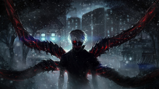 Обои картинки фото аниме, tokyo ghoul, ken, kaneki, tokyo, ghoul, парень, ночь, арт, тьма, белые, волосы