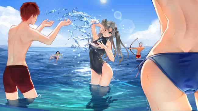 Обои картинки фото аниме, fate, stay night, stay, night, archer, emiya, shirou, tohsaka, rin, арт, девушки, парни, арчер, тосока, рин, эмия, море, лето, kamachi, kamachi-ko