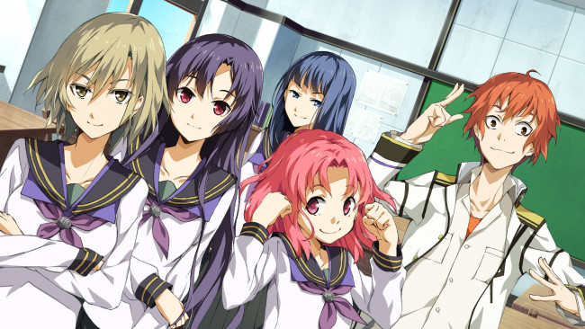 Обои картинки фото аниме, sousyu sensinkan-gakuen hachimyoujin, tatsunobe, ayumi, sera, mizuki, soushuu, senshinkan, gakuen, hachimyoujin, oosugi, harumitsu, парень, девушки, manase, akira, gadou, rinko