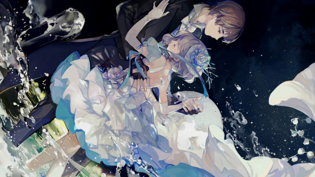 Обои картинки фото аниме, unknown,  другое, танец, украшение, цветок, вода, платье, мужчина, девушка, арт, романтика, пара