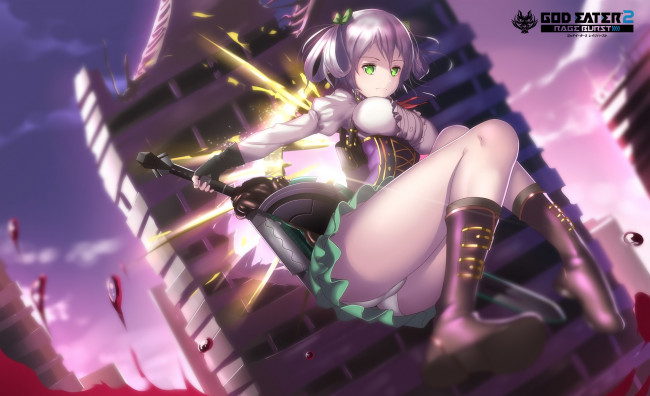 Обои картинки фото аниме, god eater, оружие, кровь, здание, город, hkzxd0554, арт, девушка, god, eater