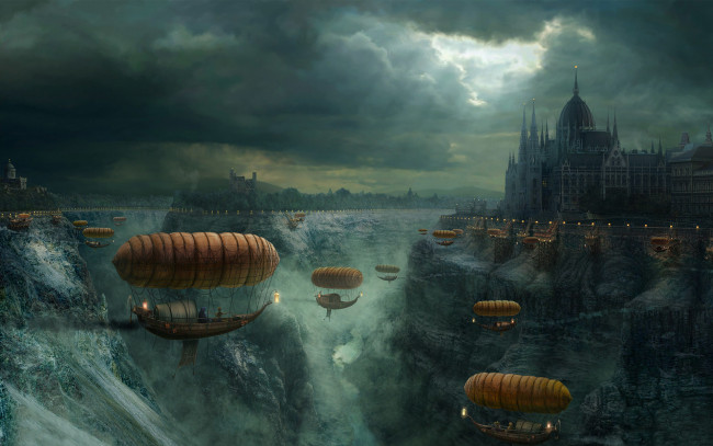 Обои картинки фото фэнтези, транспортные средства, облака, небо, огни, корабли, ущелье, зомак