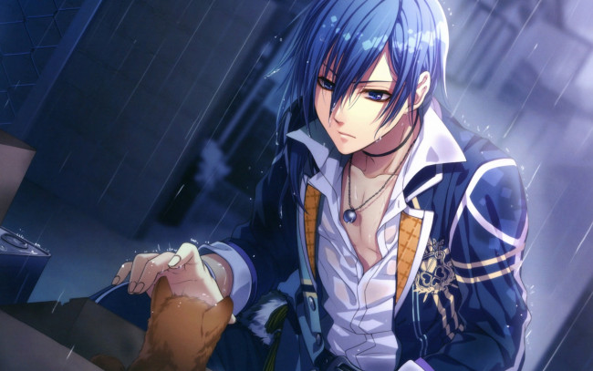 Обои картинки фото glass heart princess, аниме, unknown,  другое, котенок, рубашка, yuki, kanami, капли, art, visual, novel, yukito, karasuma, дождь, голубые, глаза, glass, heart, princess, кулон