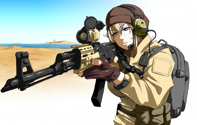 Обои картинки фото аниме, оружие,  техника,  технологии, headset, single, military, absurdres, девушка, арт, enoshimaiki, artist, ствол, art