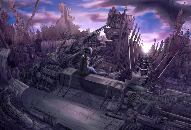 Обои картинки фото аниме, vocaloid, металл, сидя, девушка, hatsune, miku, sellrio, арт, установка, сооружение