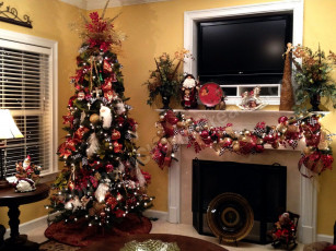 Картинка праздничные Ёлки гирлянды елка камин