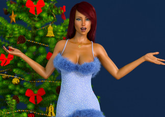 Картинка 3д+графика праздники+ holidays девушка взгляд фон елка праздник новый год улыбка