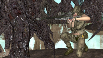 Картинка 3д+графика армия+ military девушка взгляд фон оружие