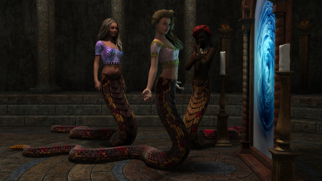 Обои картинки фото 3д графика, существа , creatures, девушки, взгляд, фон, naga