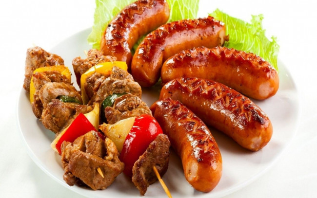 Обои картинки фото еда, шашлык,  барбекю, мясо, колбаски