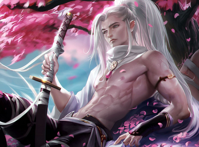 Обои картинки фото фэнтези, эльфы, блондин, воин, меч, лепестки, сакура
