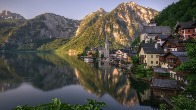 Обои картинки фото города, гальштат , австрия, горы, озеро, отражение