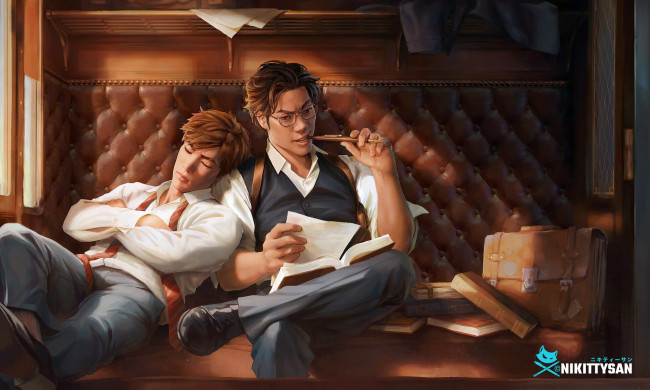 Обои картинки фото рисованное, люди, парни, книги, портфель, купе