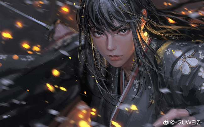 Обои картинки фото фэнтези, _guweiz, девушка, меч, искры