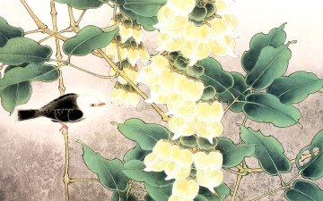 обоя рисованное, животные,  птицы, птица, цветы, листья