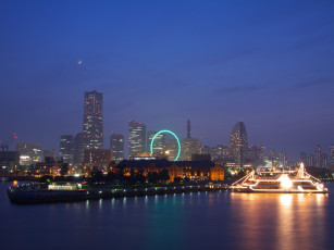 Картинка города йокогама Япония огни вода корабль колесо обзора