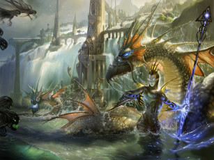 Картинка фэнтези маги волшебница посох замок водопад драконы нежить колдунья