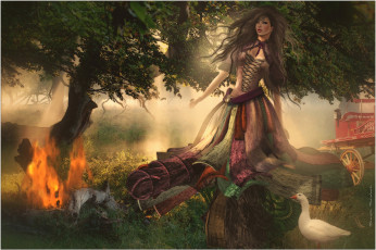 Картинка 3д графика people люди костер гусь девушка волосы телега