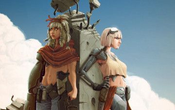 Картинка фэнтези роботы киборги механизмы очки автомат нож девушки столб колонна робот оружие