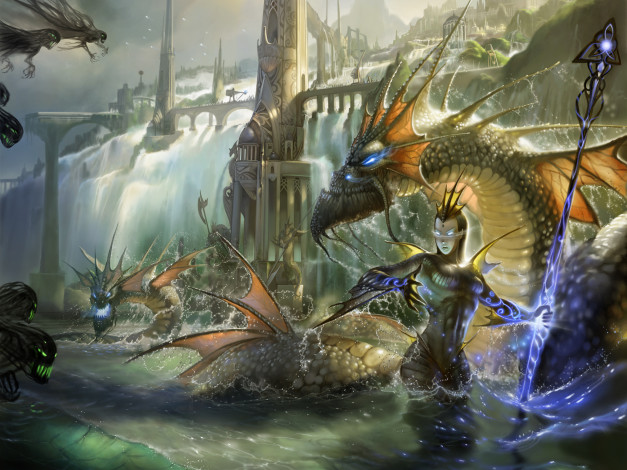 Обои картинки фото фэнтези, маги, волшебница, посох, замок, водопад, драконы, нежить, колдунья