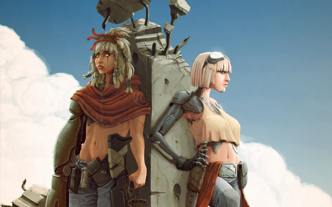 Обои картинки фото фэнтези, роботы, киборги, механизмы, очки, автомат, нож, девушки, столб, колонна, робот, оружие