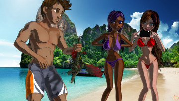 Картинка рисованные дети мальчик девочки море пляж пальмы