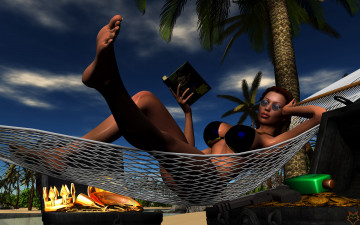 Картинка 3д+графика люди+ people девушка взгляд отдых книга гамак