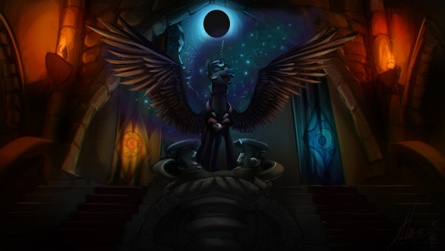 Обои картинки фото рисованные, комиксы, крылья, пони, луна