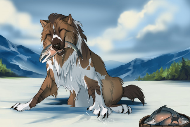 Обои картинки фото рисованные, животные,  собаки, рыба, снег, собака, горы