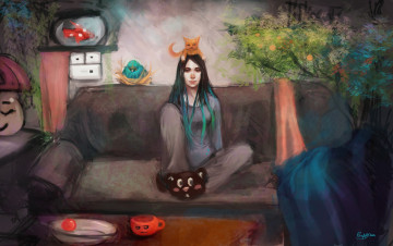 Картинка рисованное люди девушка животные комната