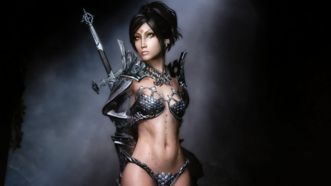 Обои картинки фото видео игры, the elder scrolls v,  skyrim, взгляд, девушка, оружие, фон