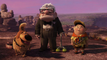 Картинка мультфильмы up бейсболка значки камни дедушка собака мальчик