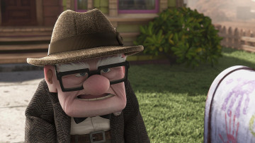 Картинка мультфильмы up дедушка очки шляпа растения улица