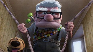 Картинка мультфильмы up дедушка собака значки очки веревка мужчина