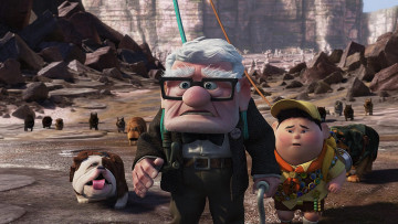 Картинка мультфильмы up значки камни скала собака мальчик дедушка